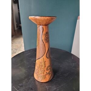 Vintage Ceramic Candle Holder Faux Bois Wood Brass Raised Scrollwork Tall Boho